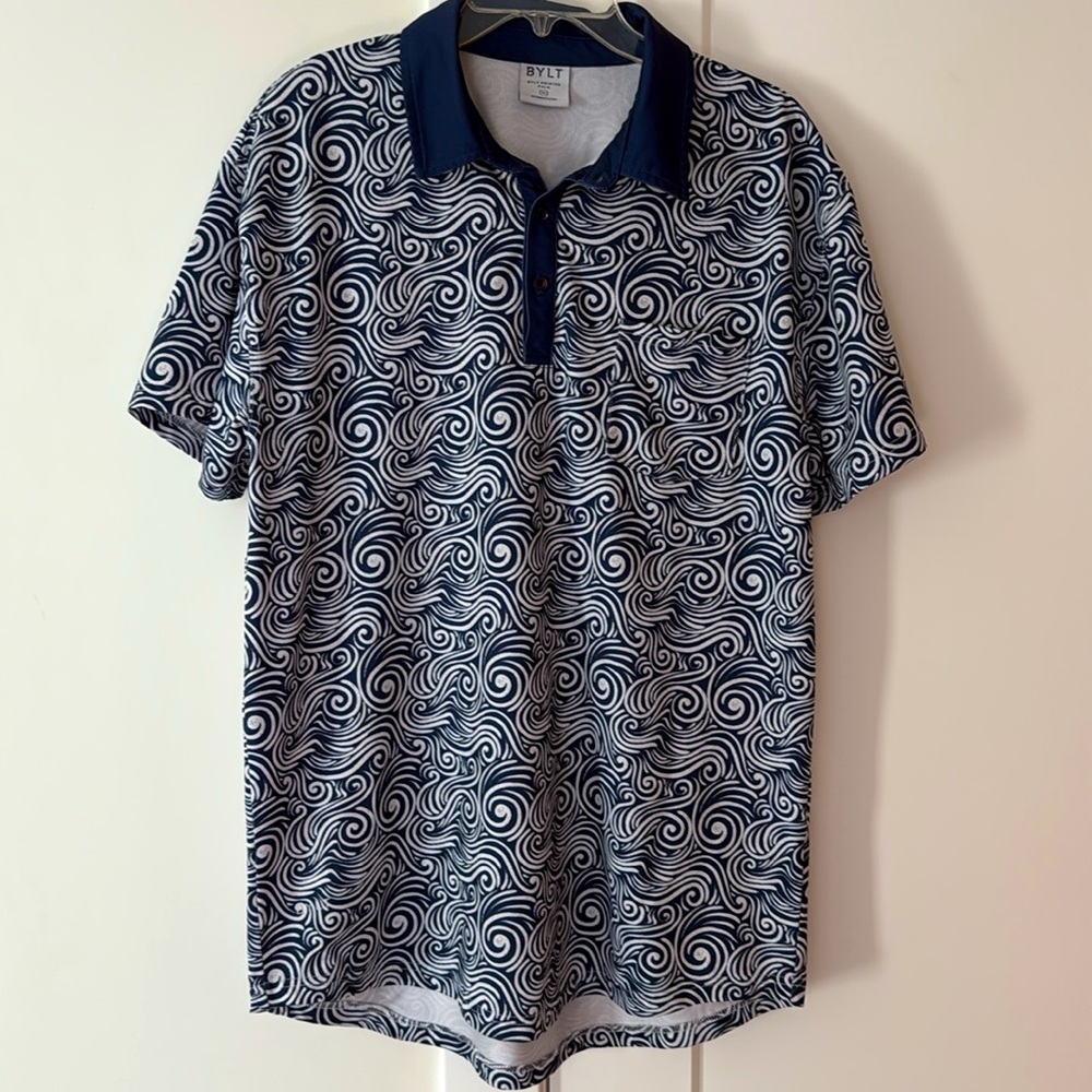 BYLT Men’s Printed Polo Blue White Color Ocean Design Size X-LARGE